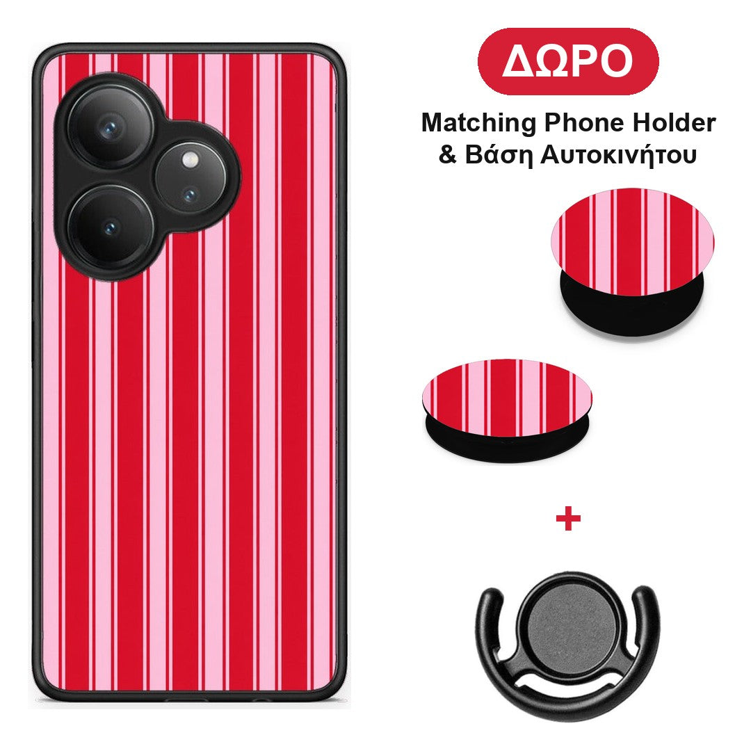Red and Pink Vertical Pinstripes - Realme GT 6 5G θήκη + Δώρο Phone Holder & Βάση Αυτοκινήτου