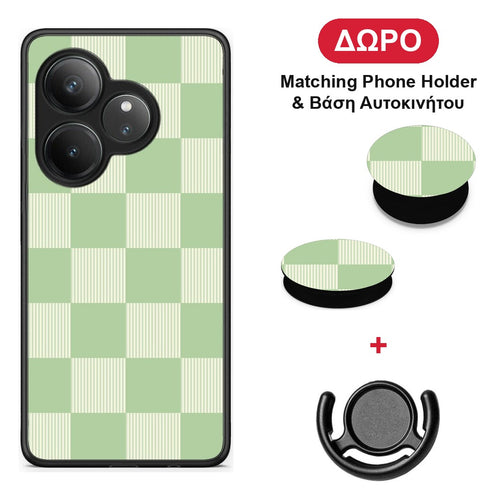 Sage and Cream Striped Checks - Realme GT 6 5G θήκη + Δώρο Phone Holder & Βάση Αυτοκινήτου