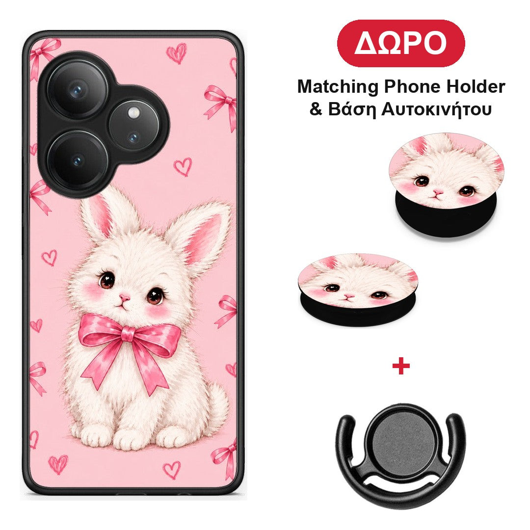 White Bunny and Pink Bows - Realme GT 6 5G θήκη + Δώρο Phone Holder & Βάση Αυτοκινήτου