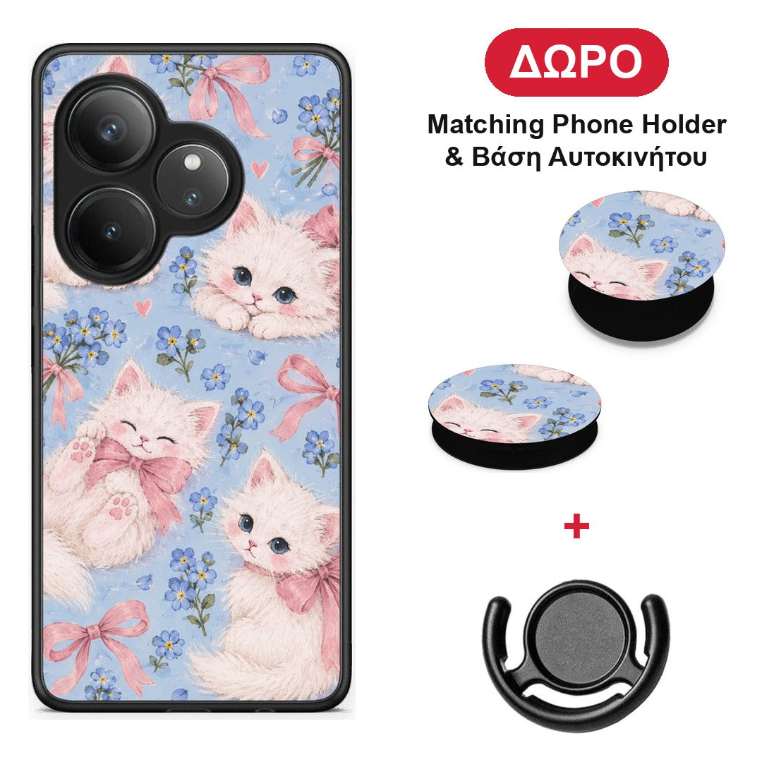 White Kittens and Blue Flowers Large - Realme GT 6 5G θήκη + Δώρο Phone Holder & Βάση Αυτοκινήτου