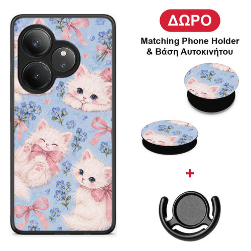 White Kittens and Blue Flowers Large - Realme GT 6 5G θήκη + Δώρο Phone Holder & Βάση Αυτοκινήτου