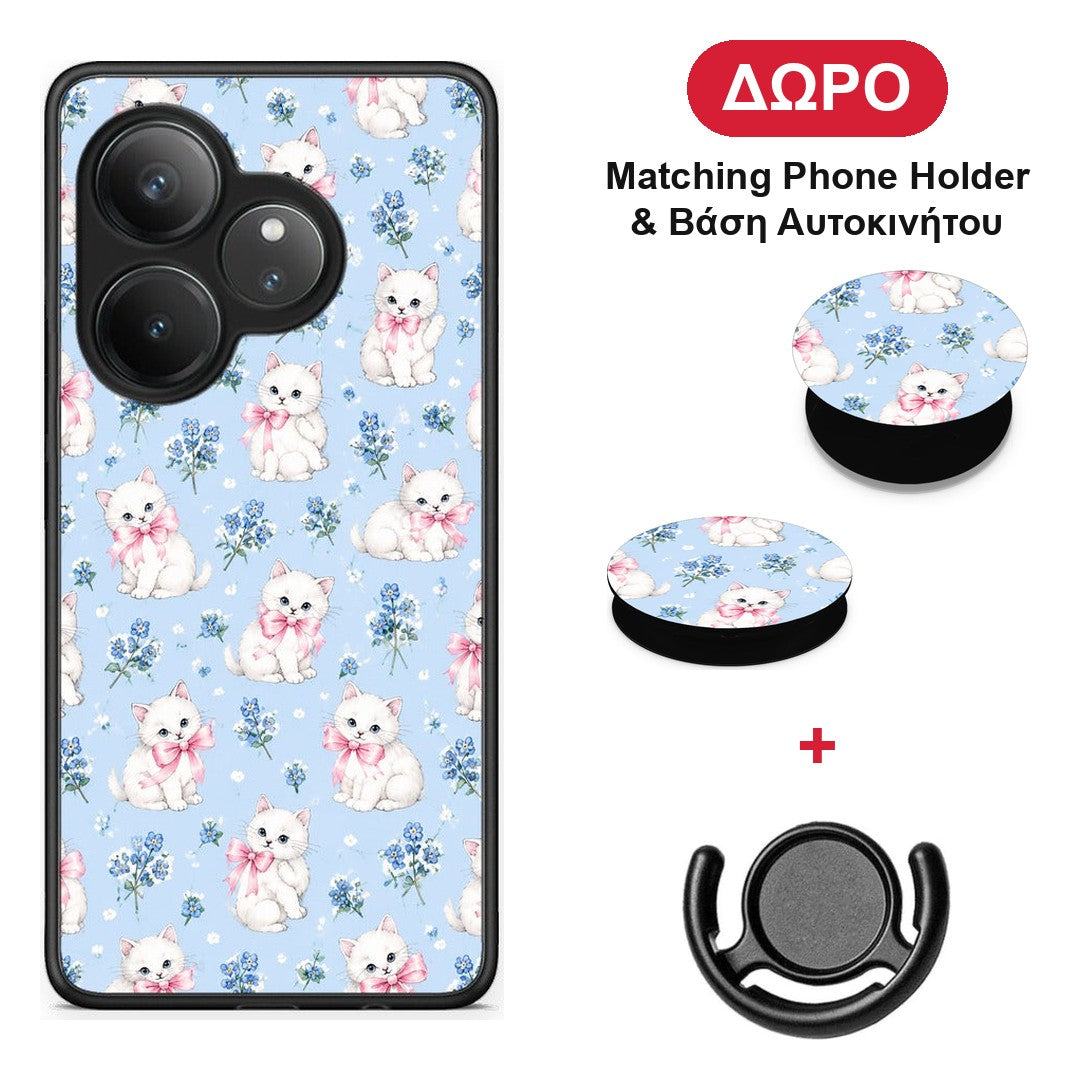 White Kittens and Blue Flowers Small - Realme GT 6 5G θήκη + Δώρο Phone Holder & Βάση Αυτοκινήτου