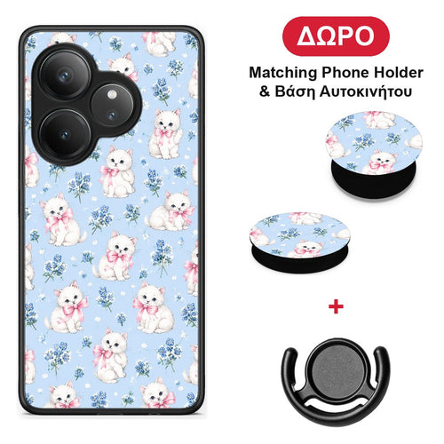 White Kittens and Blue Flowers Small - Realme GT 6 5G θήκη + Δώρο Phone Holder & Βάση Αυτοκινήτου