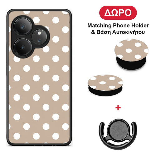 White Polka Dots on Taupe - Realme GT 6 5G θήκη + Δώρο Phone Holder & Βάση Αυτοκινήτου