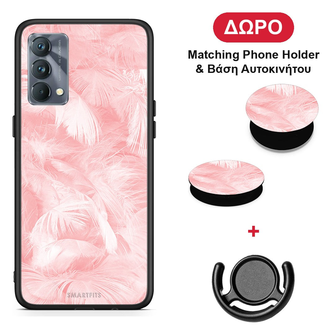Boho Pink Feather - Realme GT Master θήκη + Δώρο Phone Holder & Βάση Αυτοκινήτου
