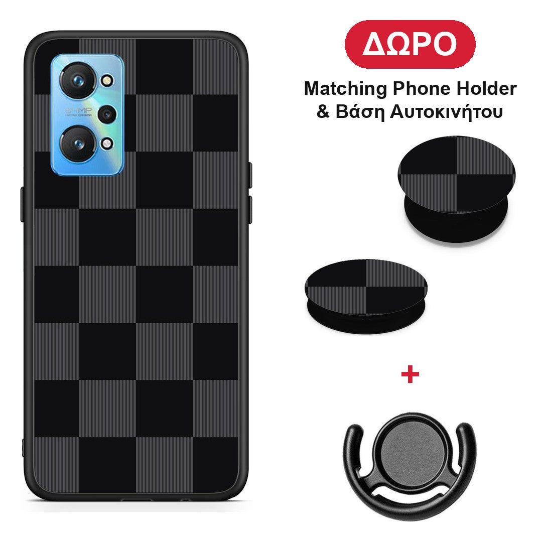 Black and Charcoal Striped Checks - Realme GT Neo 2 θήκη + Δώρο Phone Holder & Βάση Αυτοκινήτου