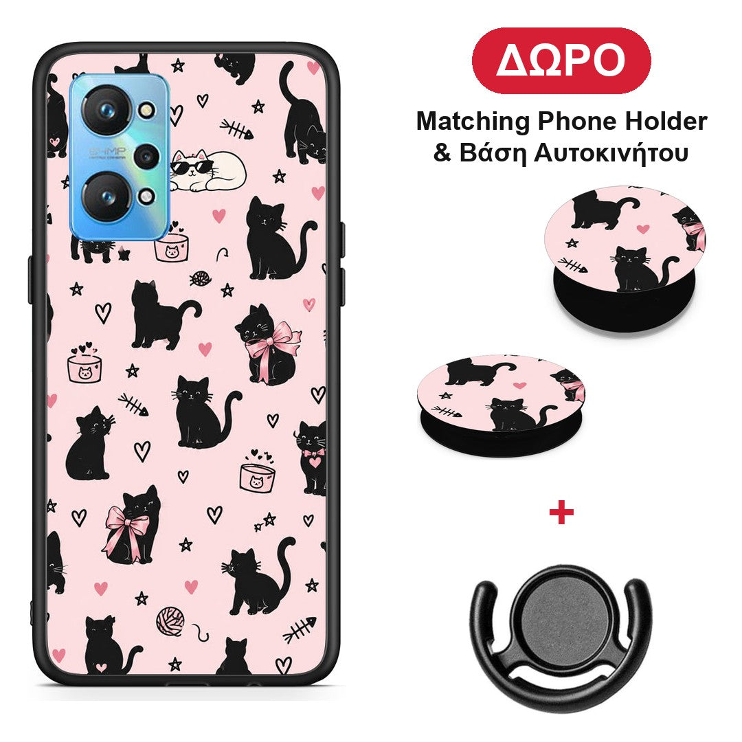 Black Cat Doodles on Pink - Realme GT Neo 2 θήκη + Δώρο Phone Holder & Βάση Αυτοκινήτου