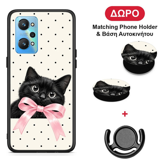 Black Kitten Pink Bow and Polka Dots - Realme GT Neo 2 θήκη + Δώρο Phone Holder & Βάση Αυτοκινήτου