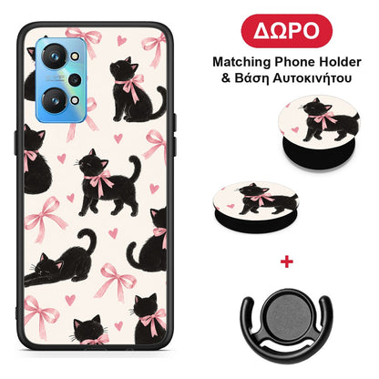 Black Kittens and Pink Bows on Cream Large - Realme GT Neo 2 θήκη + Δώρο Phone Holder & Βάση Αυτοκινήτου