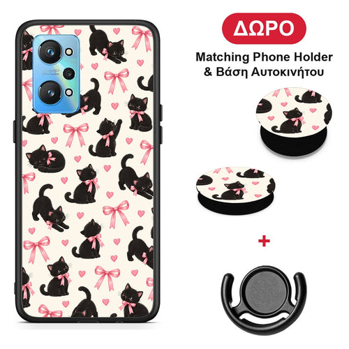 Black Kittens and Pink Bows on Cream Small - Realme GT Neo 2 θήκη + Δώρο Phone Holder & Βάση Αυτοκινήτου