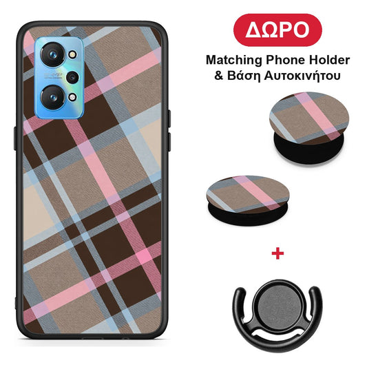 Brown Pink and Blue Diagonal Plaid - Realme GT Neo 2 θήκη + Δώρο Phone Holder & Βάση Αυτοκινήτου