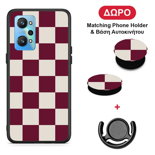 Burgundy and Cream Striped Checks - Realme GT Neo 2 θήκη + Δώρο Phone Holder & Βάση Αυτοκινήτου