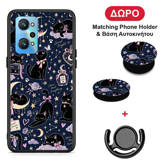 Celestial Black Cats on Navy - Realme GT Neo 2 θήκη + Δώρο Phone Holder & Βάση Αυτοκινήτου