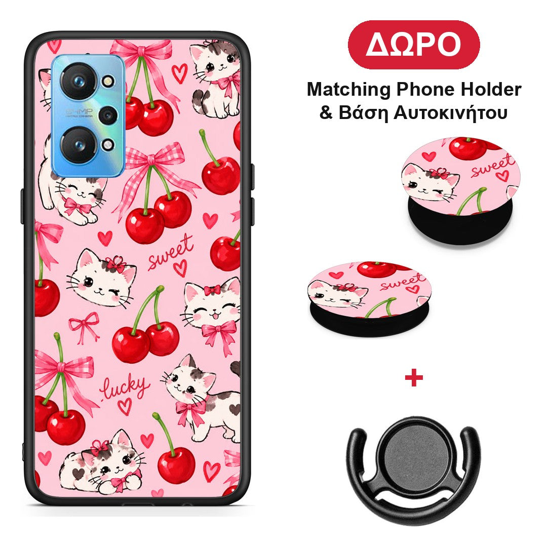 Cherries Bows and Kittens on Pink - Realme GT Neo 2 θήκη + Δώρο Phone Holder & Βάση Αυτοκινήτου