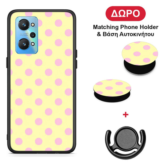 Pink Polka Dots on Yellow - Realme GT Neo 2 θήκη + Δώρο Phone Holder & Βάση Αυτοκινήτου