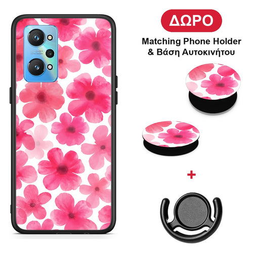 Pink Watercolour Flowers on White - Realme GT Neo 2 θήκη + Δώρο Phone Holder & Βάση Αυτοκινήτου