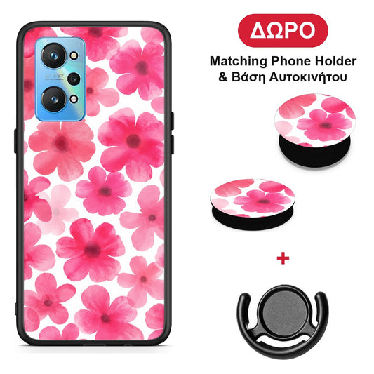 Pink Watercolour Flowers on White - Realme GT Neo 2 θήκη + Δώρο Phone Holder & Βάση Αυτοκινήτου