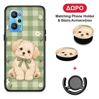 Puppy and Daisies on Sage Gingham - Realme GT Neo 2 θήκη + Δώρο Phone Holder & Βάση Αυτοκινήτου
