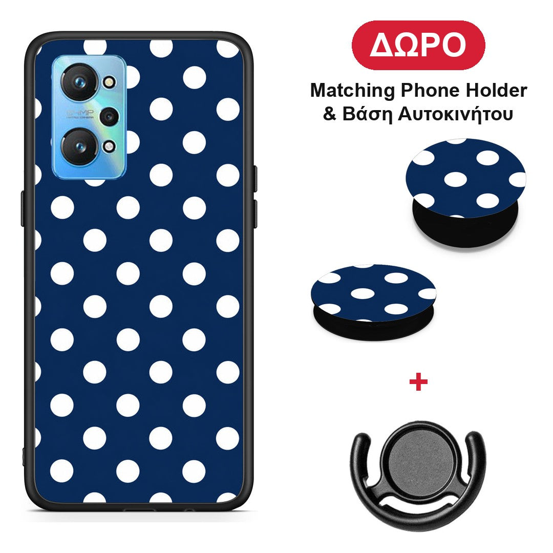 White Large Polka Dots on Navy - Realme GT Neo 2 θήκη + Δώρο Phone Holder & Βάση Αυτοκινήτου