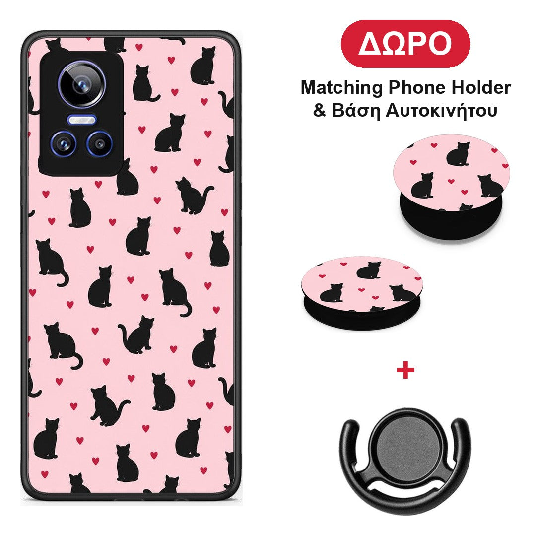 Black Cat Silhouettes and Hearts on Pink - Realme GT Neo 3 θήκη + Δώρο Phone Holder & Βάση Αυτοκινήτου