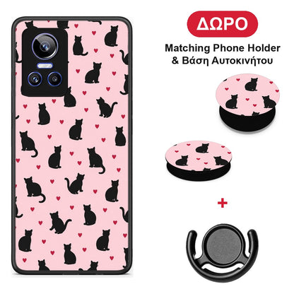 Black Cat Silhouettes and Hearts on Pink - Realme GT Neo 3 θήκη + Δώρο Phone Holder & Βάση Αυτοκινήτου