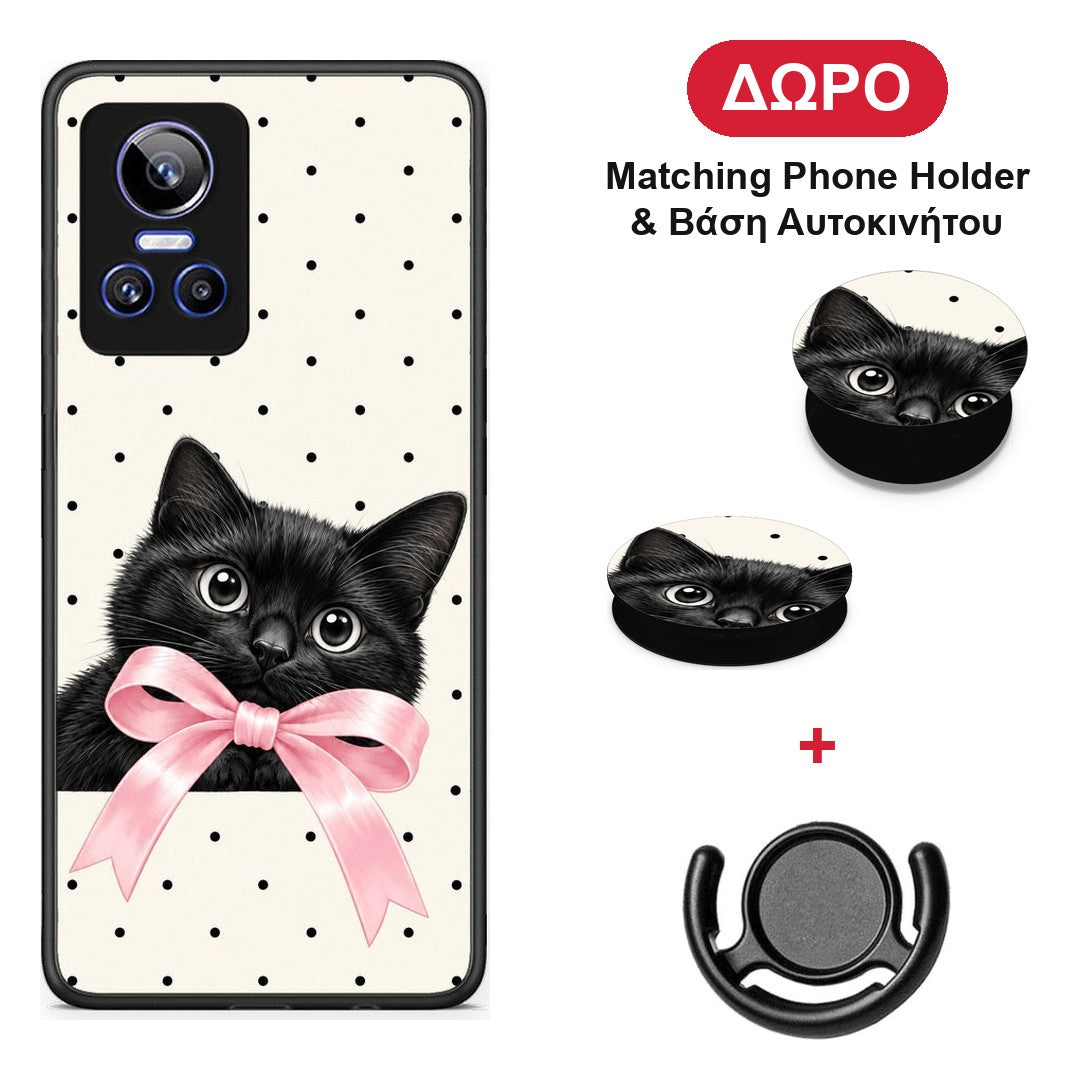 Black Kitten Pink Bow and Polka Dots - Realme GT Neo 3 θήκη + Δώρο Phone Holder & Βάση Αυτοκινήτου