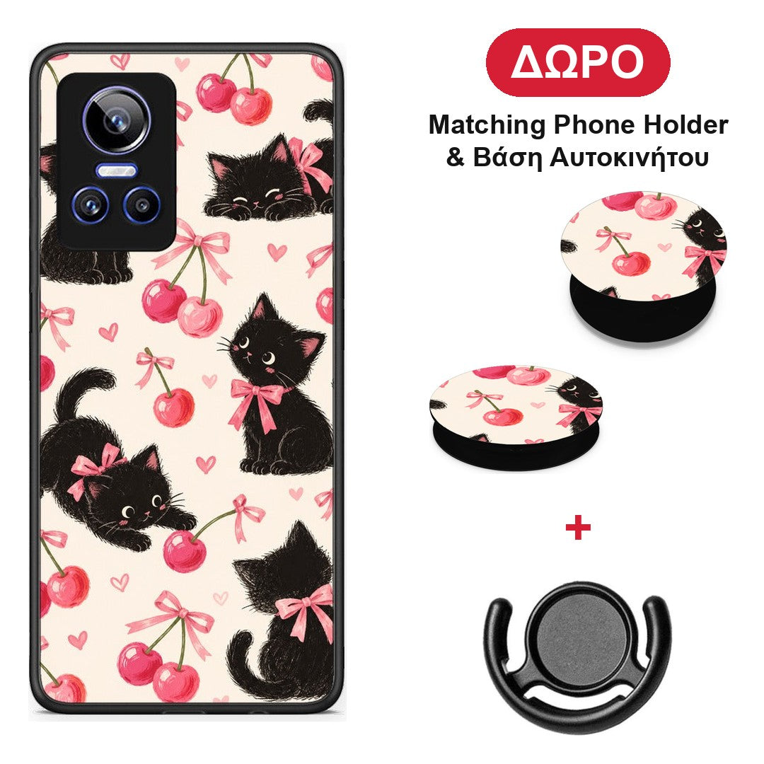 Black Kittens and Cherries on Cream - Realme GT Neo 3 θήκη + Δώρο Phone Holder & Βάση Αυτοκινήτου