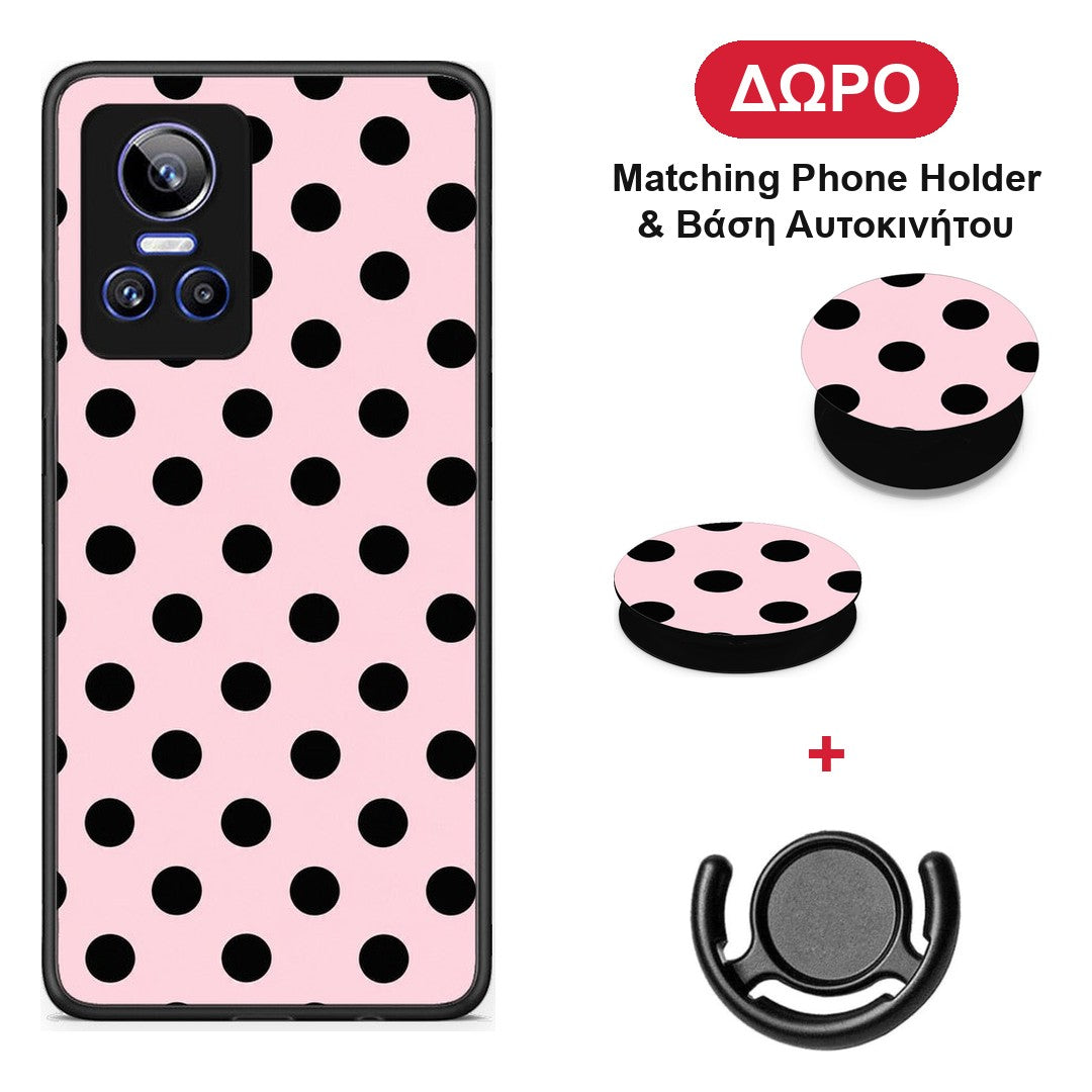 Black Polka Dots on Pink - Realme GT Neo 3 θήκη + Δώρο Phone Holder & Βάση Αυτοκινήτου