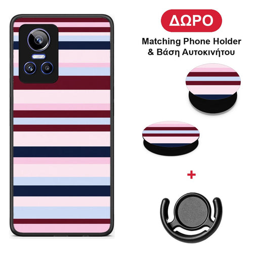 Burgundy Pink and Blue Horizontal Stripes - Realme GT Neo 3 θήκη + Δώρο Phone Holder & Βάση Αυτοκινήτου
