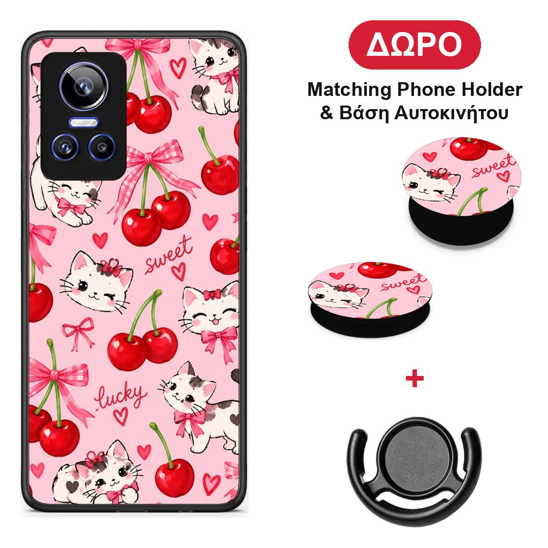 Cherries Bows and Kittens on Pink - Realme GT Neo 3 θήκη + Δώρο Phone Holder & Βάση Αυτοκινήτου