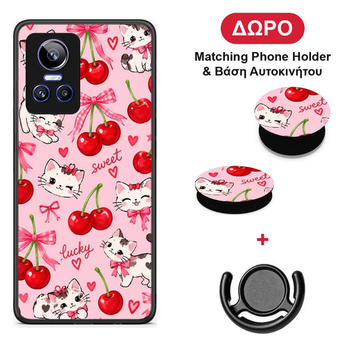 Cherries Bows and Kittens on Pink - Realme GT Neo 3 θήκη + Δώρο Phone Holder & Βάση Αυτοκινήτου