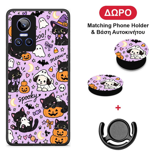 Halloween Black Cats on Lilac - Realme GT Neo 3 θήκη + Δώρο Phone Holder & Βάση Αυτοκινήτου