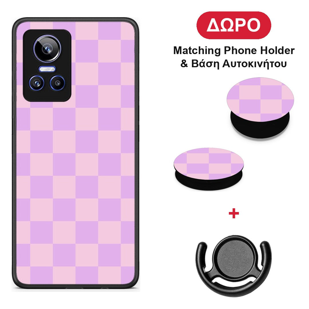 Lavender and Pink Checkerboard - Realme GT Neo 3 θήκη + Δώρο Phone Holder & Βάση Αυτοκινήτου