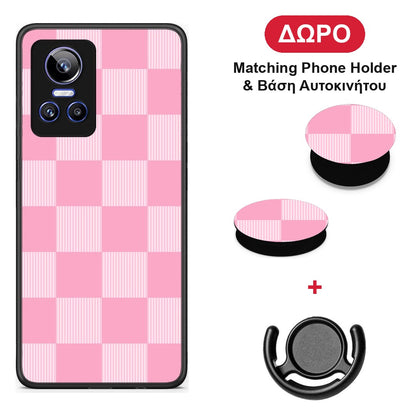 Pink and White Striped Checks - Realme GT Neo 3 θήκη + Δώρο Phone Holder & Βάση Αυτοκινήτου