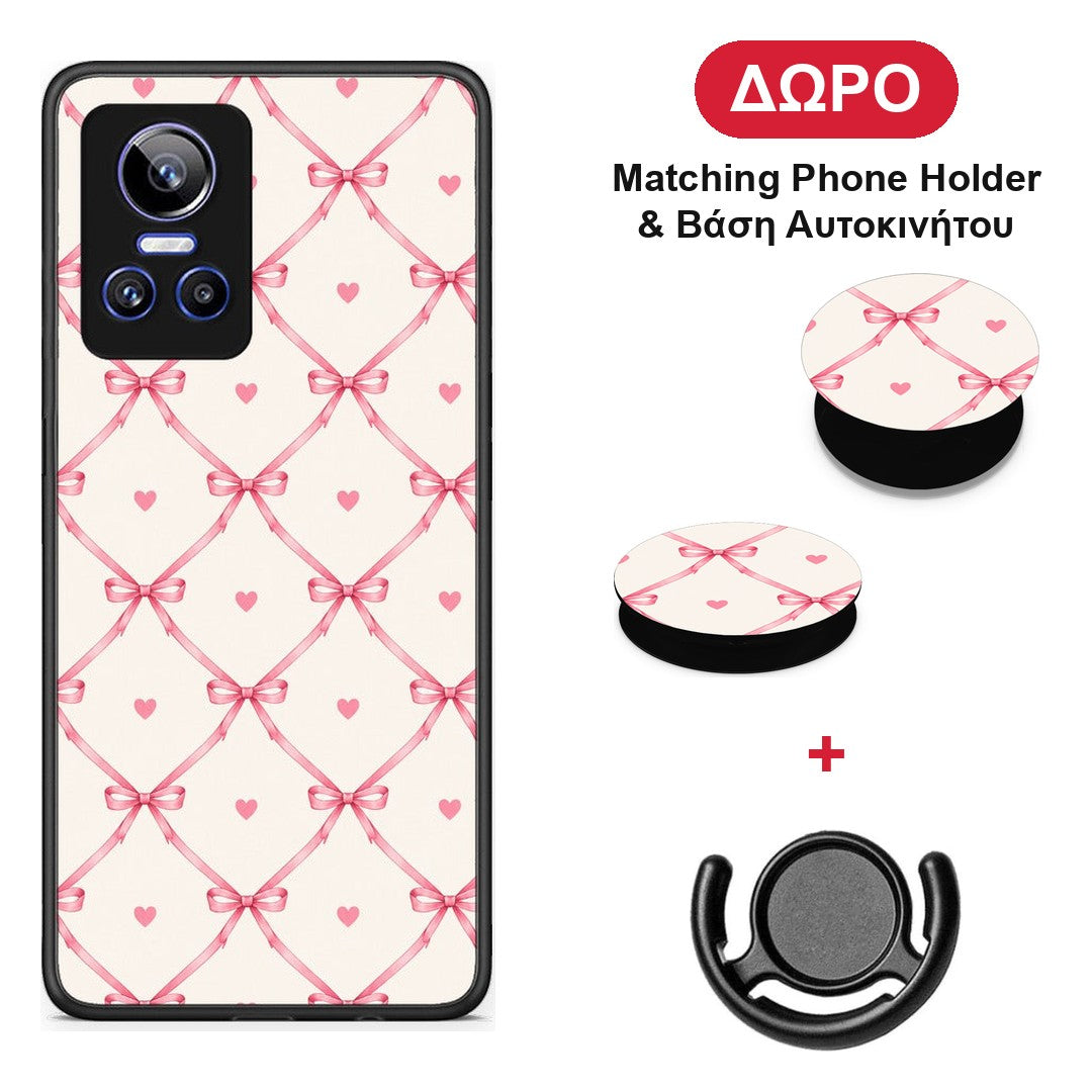Pink Bow Lattice and Hearts on Cream - Realme GT Neo 3 θήκη + Δώρο Phone Holder & Βάση Αυτοκινήτου