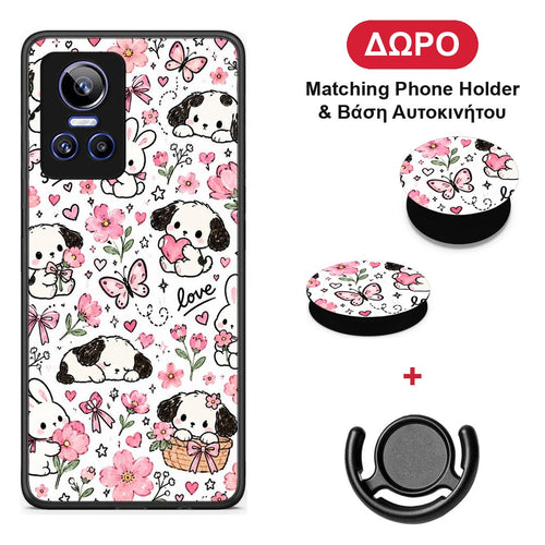 Pink Florals Puppies and Bunnies on White - Realme GT Neo 3 θήκη + Δώρο Phone Holder & Βάση Αυτοκινήτου