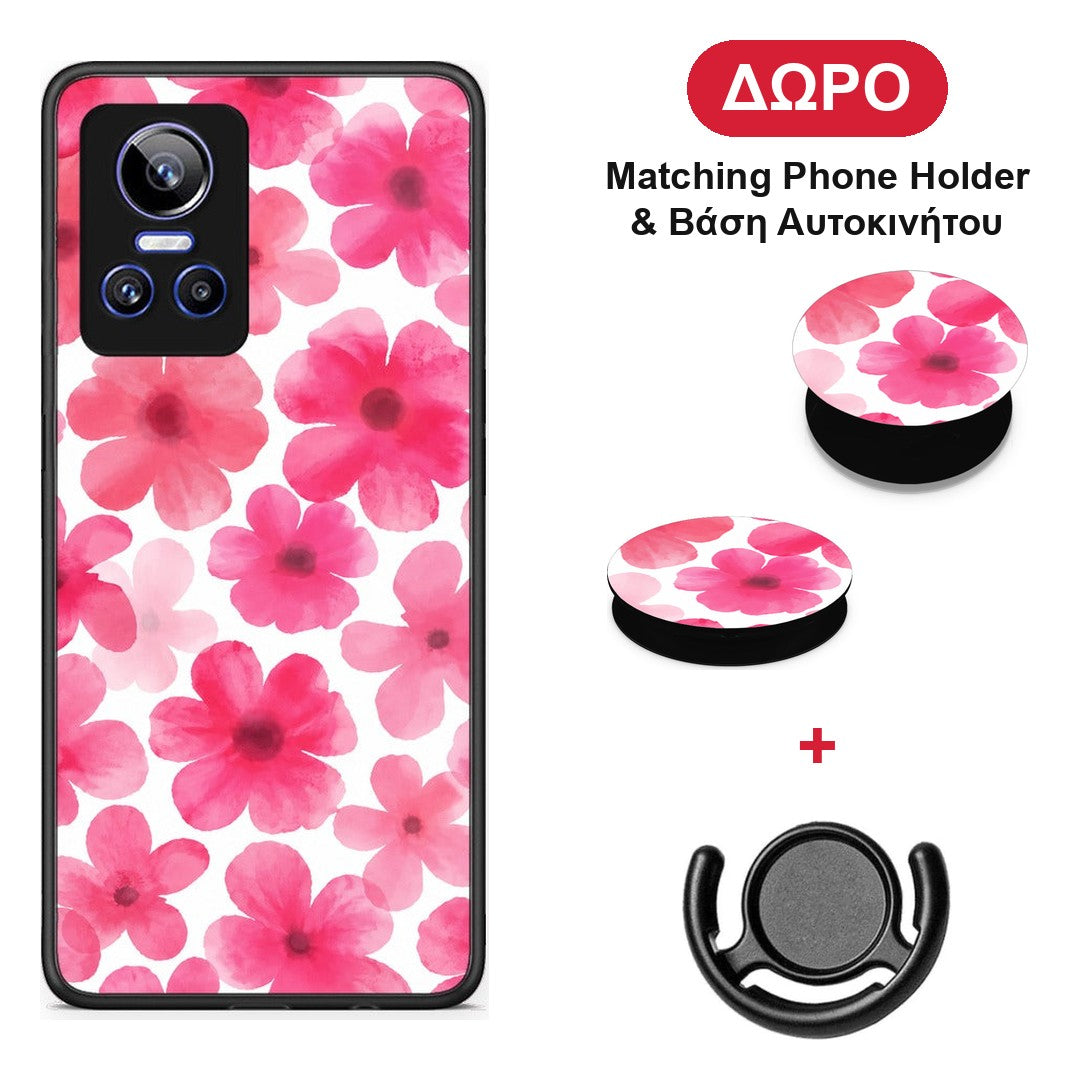 Pink Watercolour Flowers on White - Realme GT Neo 3 θήκη + Δώρο Phone Holder & Βάση Αυτοκινήτου