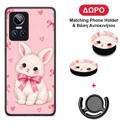 White Bunny and Pink Bows - Realme GT Neo 3 θήκη + Δώρο Phone Holder & Βάση Αυτοκινήτου
