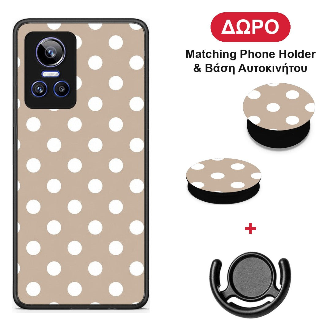 White Polka Dots on Taupe - Realme GT Neo 3 θήκη + Δώρο Phone Holder & Βάση Αυτοκινήτου