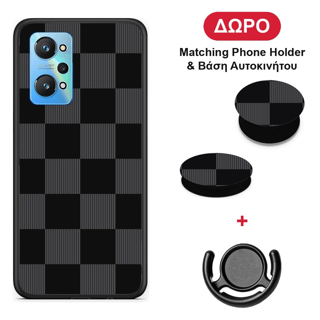 Black and Charcoal Striped Checks - Realme GT Neo 3T θήκη + Δώρο Phone Holder & Βάση Αυτοκινήτου