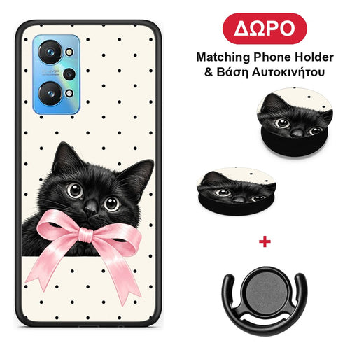 Black Kitten Pink Bow and Polka Dots - Realme GT Neo 3T θήκη + Δώρο Phone Holder & Βάση Αυτοκινήτου