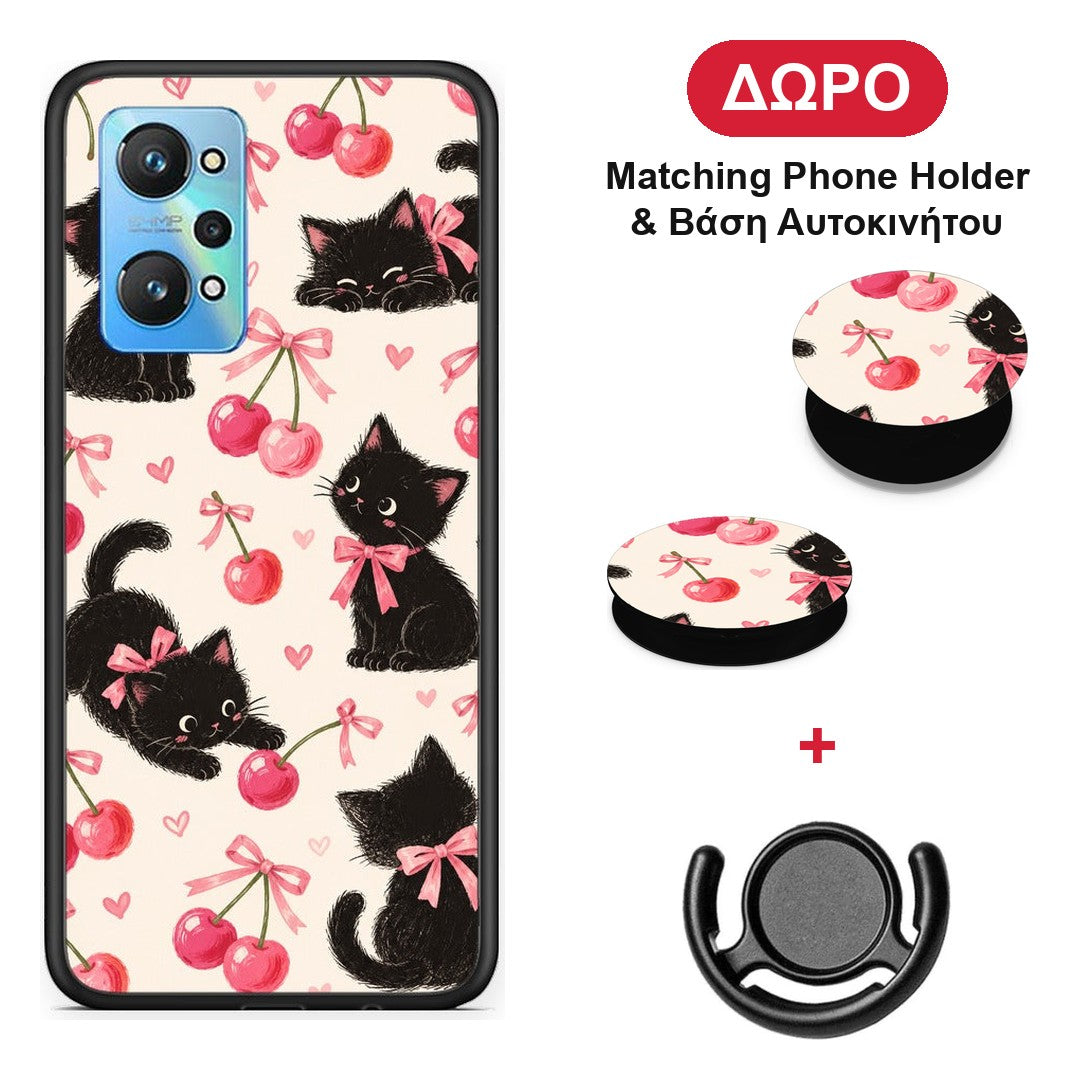 Black Kittens and Cherries on Cream - Realme GT Neo 3T θήκη + Δώρο Phone Holder & Βάση Αυτοκινήτου