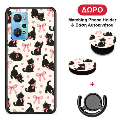 Black Kittens and Pink Bows on Cream Small - Realme GT Neo 3T θήκη + Δώρο Phone Holder & Βάση Αυτοκινήτου