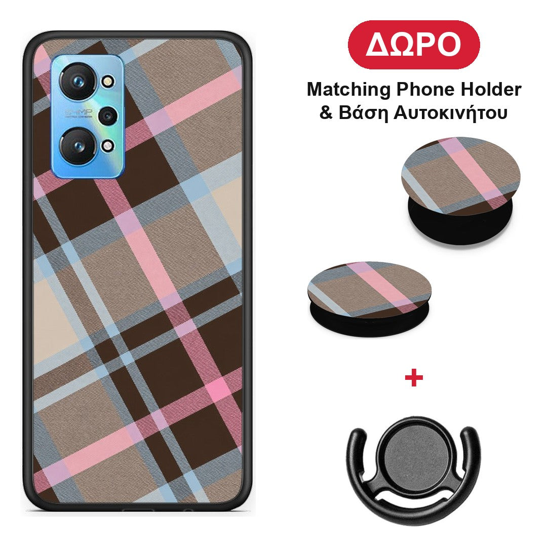 Brown Pink and Blue Diagonal Plaid - Realme GT Neo 3T θήκη + Δώρο Phone Holder & Βάση Αυτοκινήτου