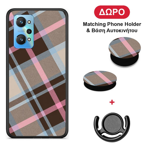 Brown Pink and Blue Diagonal Plaid - Realme GT Neo 3T θήκη + Δώρο Phone Holder & Βάση Αυτοκινήτου
