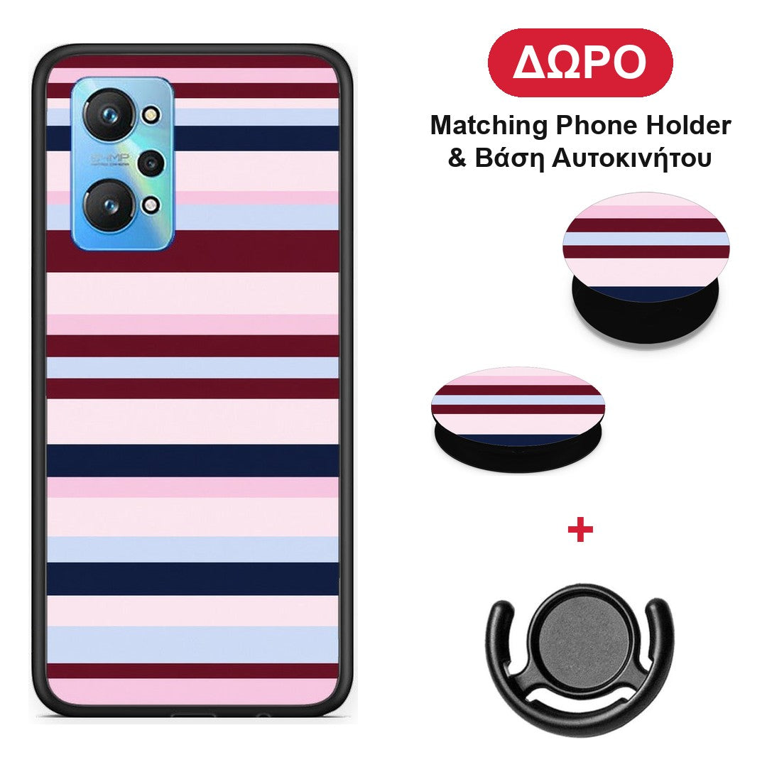 Burgundy Pink and Blue Horizontal Stripes - Realme GT Neo 3T θήκη + Δώρο Phone Holder & Βάση Αυτοκινήτου