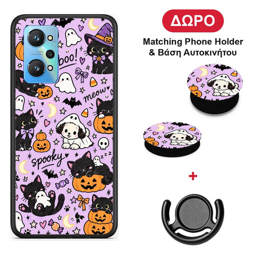 Halloween Black Cats on Lilac - Realme GT Neo 3T θήκη + Δώρο Phone Holder & Βάση Αυτοκινήτου