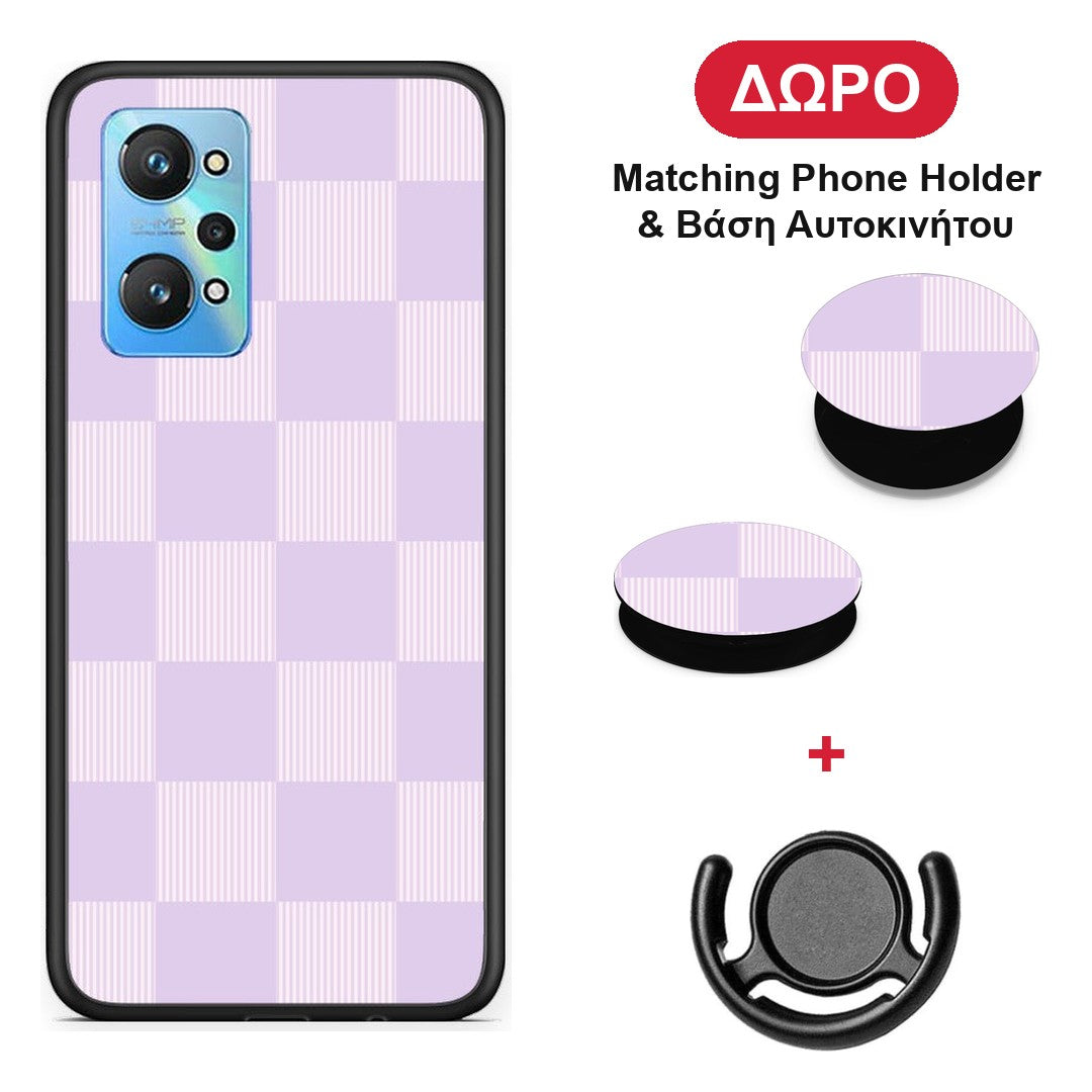 Lilac and Cream Striped Checks - Realme GT Neo 3T θήκη + Δώρο Phone Holder & Βάση Αυτοκινήτου