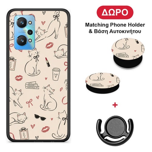 Minimal Cat and Fashion Doodles on Cream - Realme GT Neo 3T θήκη + Δώρο Phone Holder & Βάση Αυτοκινήτου