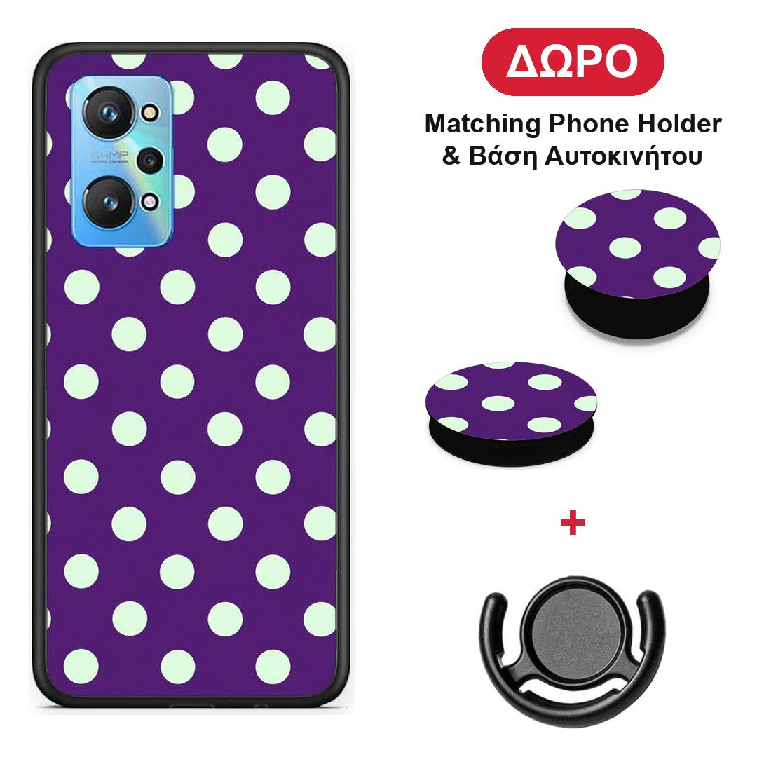 Mint Polka Dots on Purple - Realme GT Neo 3T θήκη + Δώρο Phone Holder & Βάση Αυτοκινήτου